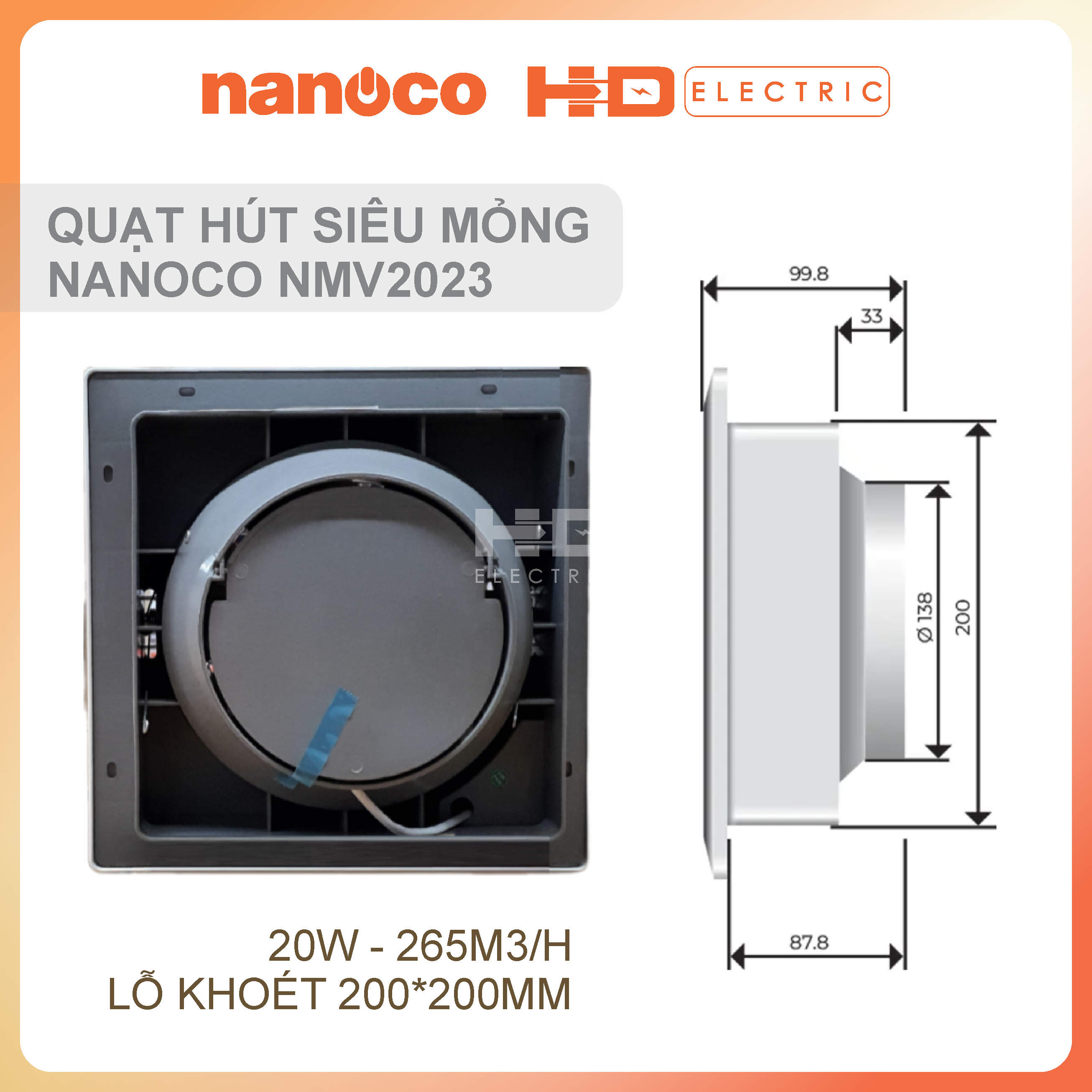 Quạt hút siêu mỏng Nanoco NMV2023 20W - Lỗ khoét 200x200mm